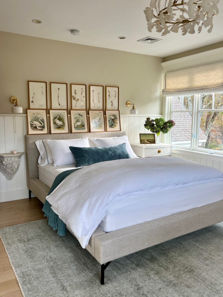 renovated young womans bedroom, Saatva bed, Annie Selkie wool rug